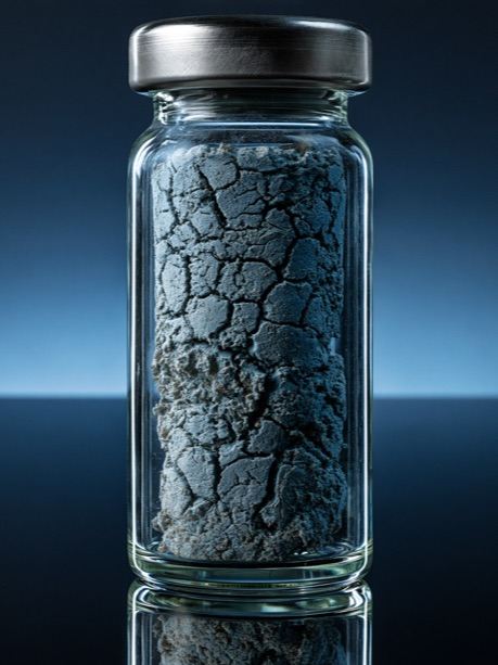 A vial holding a dried, cracked solid cake of medicine